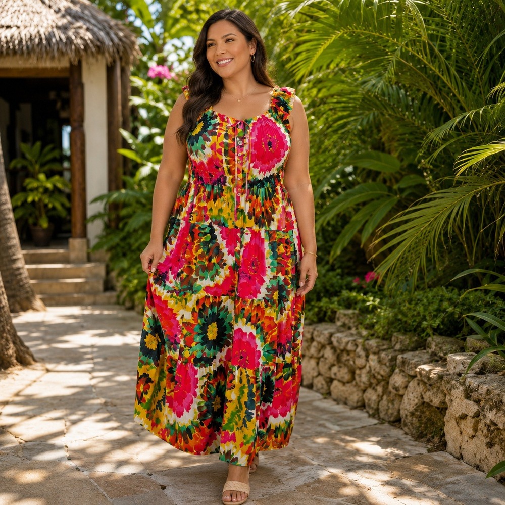 OSTOO Floral Maxi Dress Women XL Multicolor Boho Smocked Milkmaid Ruffle NWT